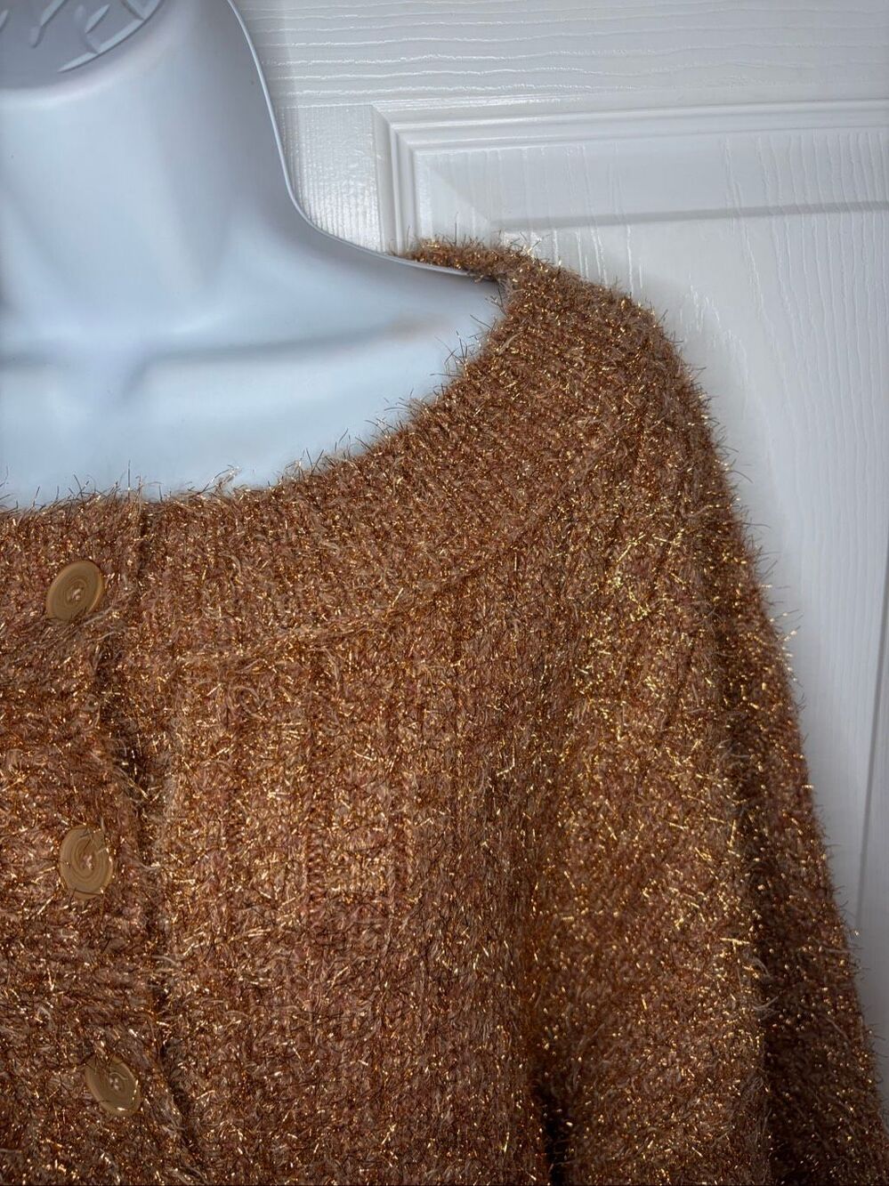 Anthropologie Boat-Neck Tinsel Cardigan Sparkly Sweater Mink Blush M NWT - Picture 9 of 16